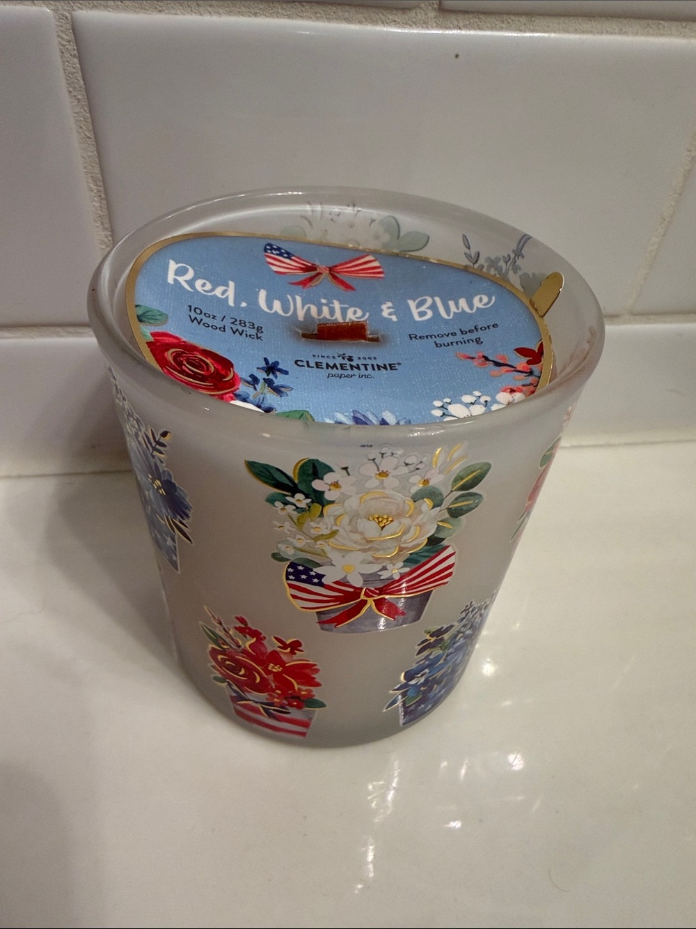 Red, White & Blue Floral Glass Candle by Clementine